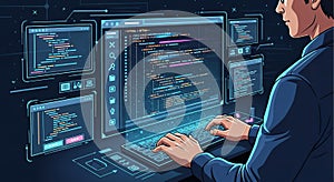 Software Developer Coding on Futuristic Interface