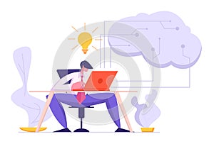 Software Developer Coding with Laptop. Artificial Intelligence, Digital Mind Concept with Male Character Project Manager