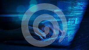 Software developer coding on laptop with holographic interface and abstract tech background elements