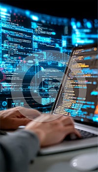 Software Developer Coding on Laptop in Modern Workspace, Engaged in Application Development Tasks