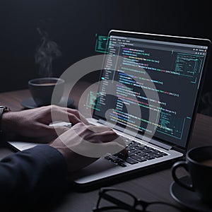 Software Developer Coding on Laptop with Programming Code
