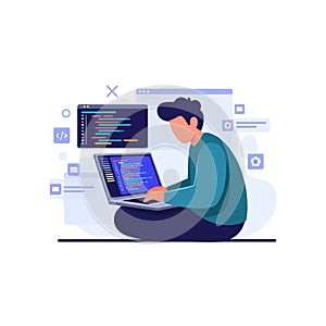 Software Developer Coding on Laptop. Programming Illustration.