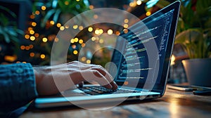 Software developer coding on laptop while seated at cafe workspace