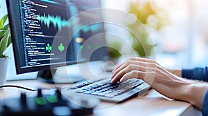 Software developer coding on modern computer with large screen displaying programming code, data visualization, digital
