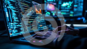 Software Developer Coding at Night on Laptop
