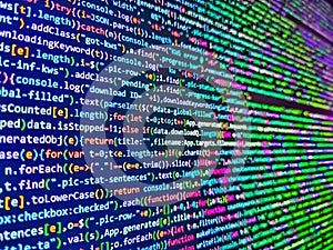 Software developer coding screen. Binary computer code background, abstract. Digital technology on display. Programming code