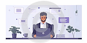 Software developer . Computer programmer flat character on cartoon background. Learning coding. Colourful editable scene