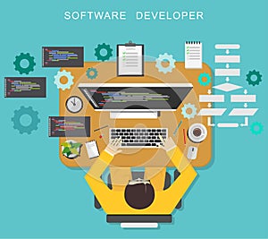 Software developer concept. Programmer coding on desktop.