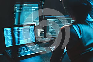 Software developer freelancer woman female work with program code on wide displays at night Develops new web desktop