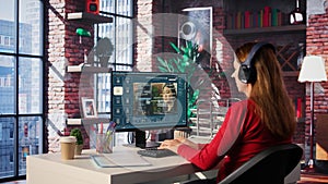 Software developer at home office coding on desktop using AI powered script