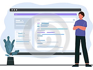 Software Developer Illustration with Web Browser and Code Interface