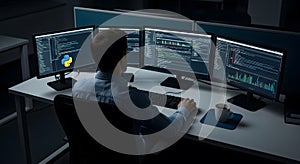 Software Developer Coding at Desk with Multiple Monitors