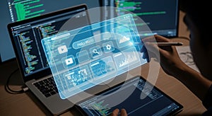 Software developer interacting with holographic user interface