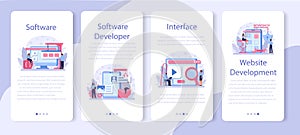 Software developer mobile application banner set. Idea of programming