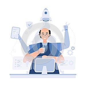 Software developer multitasking flat illustration