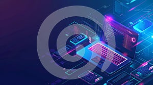 Software developer program on laptop computer with computer code, software developer with big data binary interface