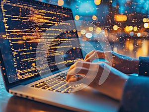 Software developer or programmer coding program with laptop.