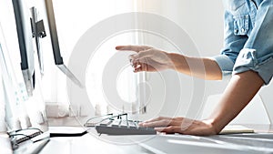 Software developer or programmer working data debugging improvement binary algorithm on desktop pc in a software develop company
