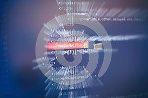 Software developer programming code. Abstract computer script code. Selective focus