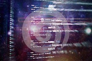 Software developer programming code. Abstract computer script code. Selective focus