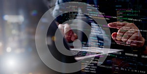 Software IT developer programming code binary data digital technology computer screen coding language dark background software