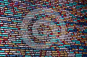 Software developer programming code on computer. Abstract computer script source code