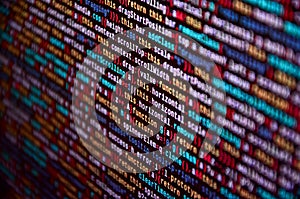 Software developer programming code on computer. Abstract computer script source code