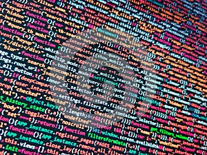 Software developer programming code on computer monitor. Digital abstract bits data stream, cyber pattern digital background.