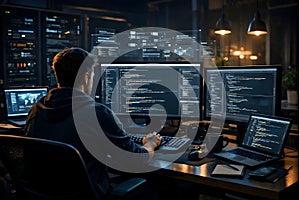 Software Developer Programming Code on Multiple Monitors in Modern Tech Workspace for Cybersecurity