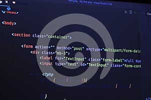 Software developer programming code. Screen of code for overlay background