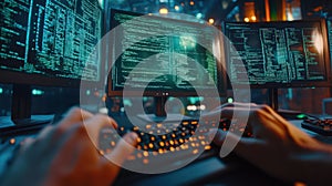 Software developer programming on computer in data center at night