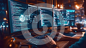 Software developer programming on computer with multiple monitors showing code