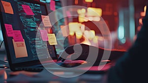 Software developer programming on laptop with sticky notes in office at night