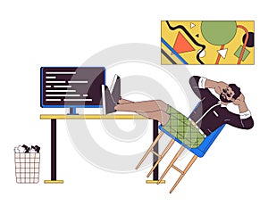 Software developer resting at workplace 2D linear cartoon character.