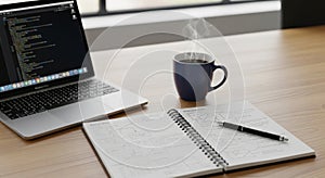 Software Developer's Workspace with Code and Flowchart