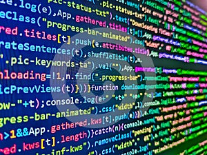 Software developer screen background- source code script. Programmer working in a software develop company office. Code text