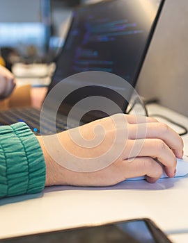 Software developer students in auditorium hall working on computer and laptop, programming contest hackathon competition, pc with