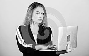 Software developer. Study programming. Blogging concept. Online remote job. Girl with laptop computer. Developer write
