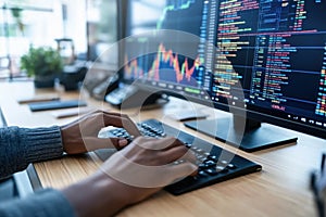 Software developer typing code on keyboard, working with stock market data on computer
