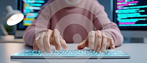 Software developer typing on illuminated keyboard with code on screen in modern workspace