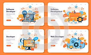 Software developer web banner or landing page set. Idea of programming