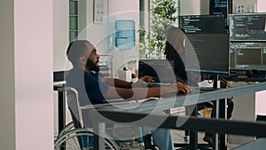 Software developer wheelchair user working on html script code