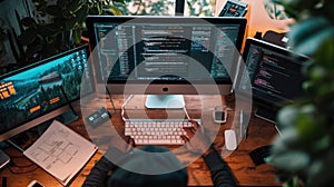 Software Developer Working on Code in Dual Monitor Setup AIG41