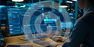 software developer working on complex data analysis with futuristic holographic interface in dark office