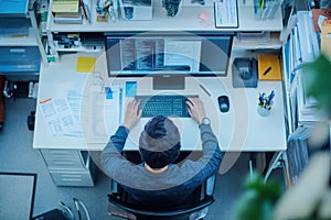 Software Developer Working on Computer in Modern Office, Top View