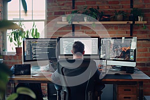 Software developer working from home using multiple monitors