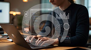 Software Developer Working on Laptop with Augmented Reality Interface Displaying Data and AI Concepts for Business Analysis
