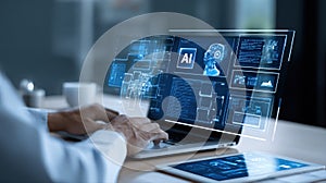 Software Developer Working on Laptop with Futuristic Digital AI Hologram Interface Representing Artificial Intelligence, Machine