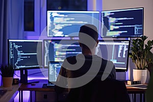 Software developer working late night programming and coding on multiple monitors