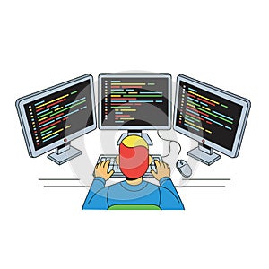 Software Developer Working with Multiple Monitors Displaying Code